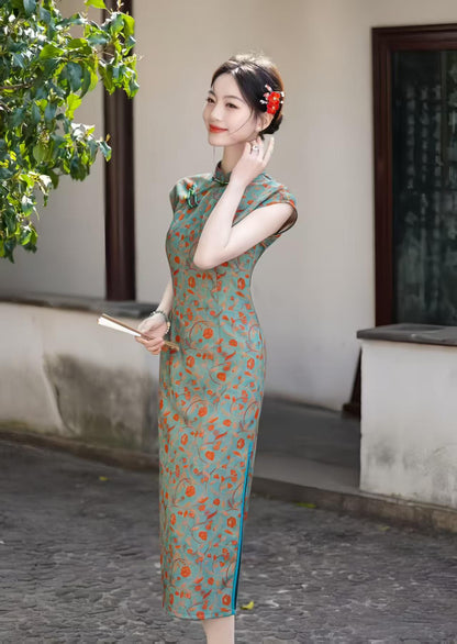 Women's Blue Vintage Satin Qipao Cheongsam Dress – additional product view