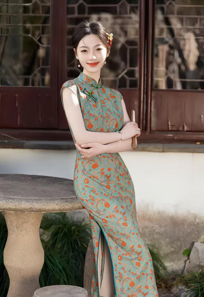 Women's Blue Vintage Satin Qipao Cheongsam Dress – additional product view