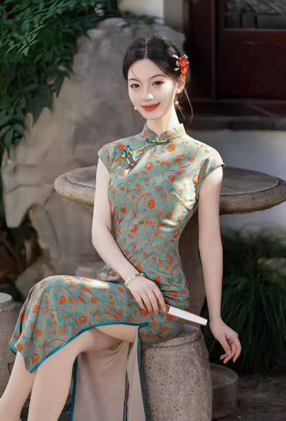 Women's Blue Vintage Satin Qipao Cheongsam Dress – additional product view