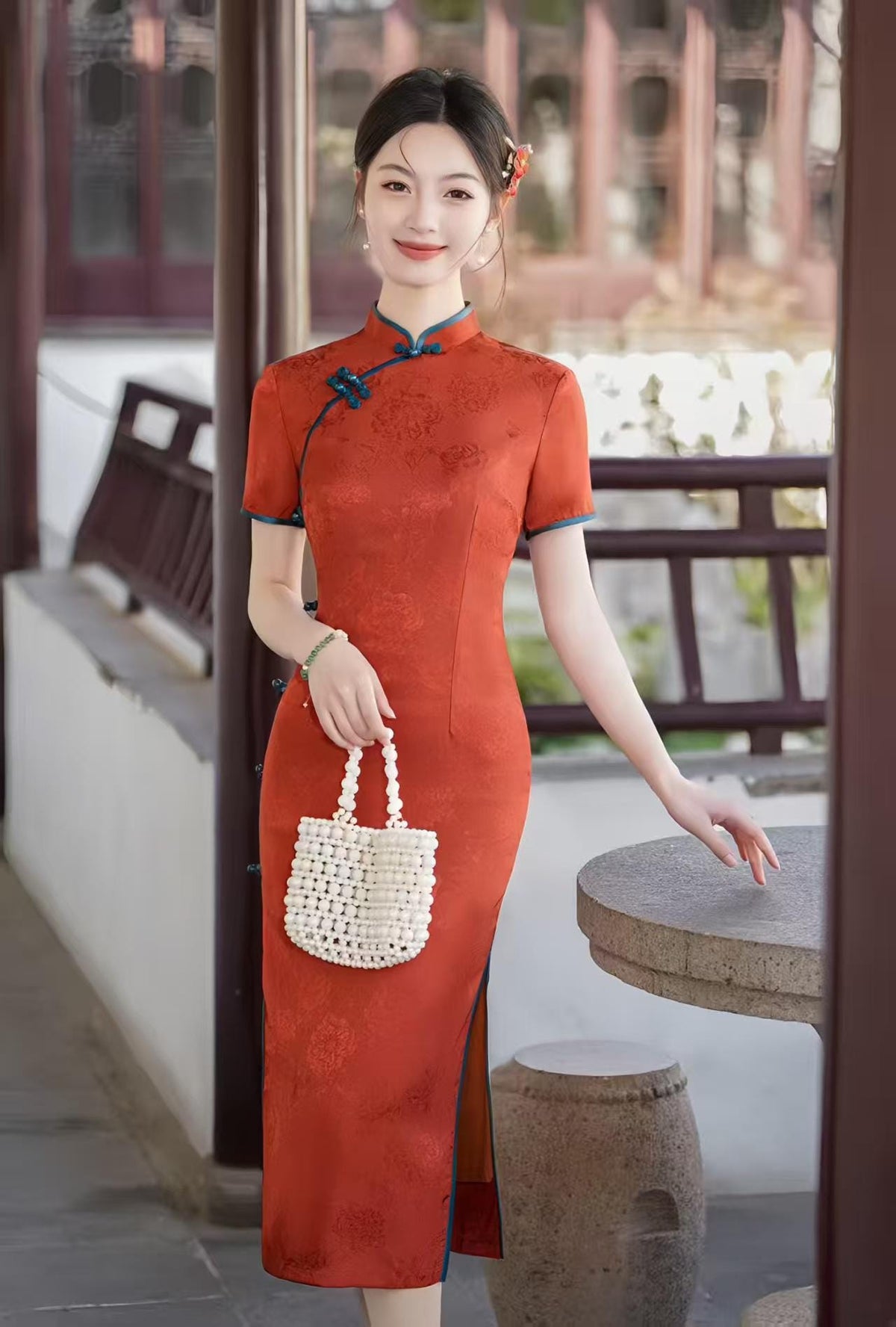 Women's Red Vintage Qipao Cheongsam Dress – Jacquard – additional product view