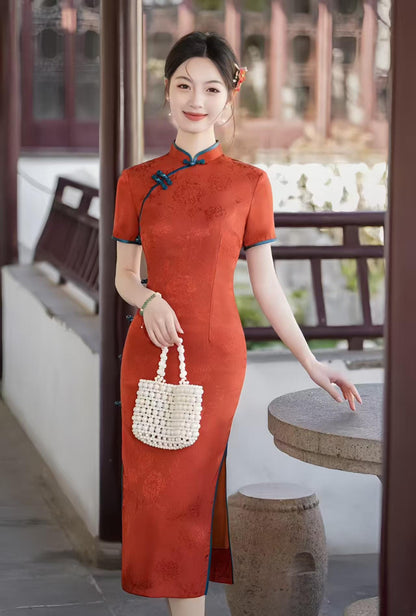 Women's Red Vintage Qipao Cheongsam Dress – Jacquard – additional product view