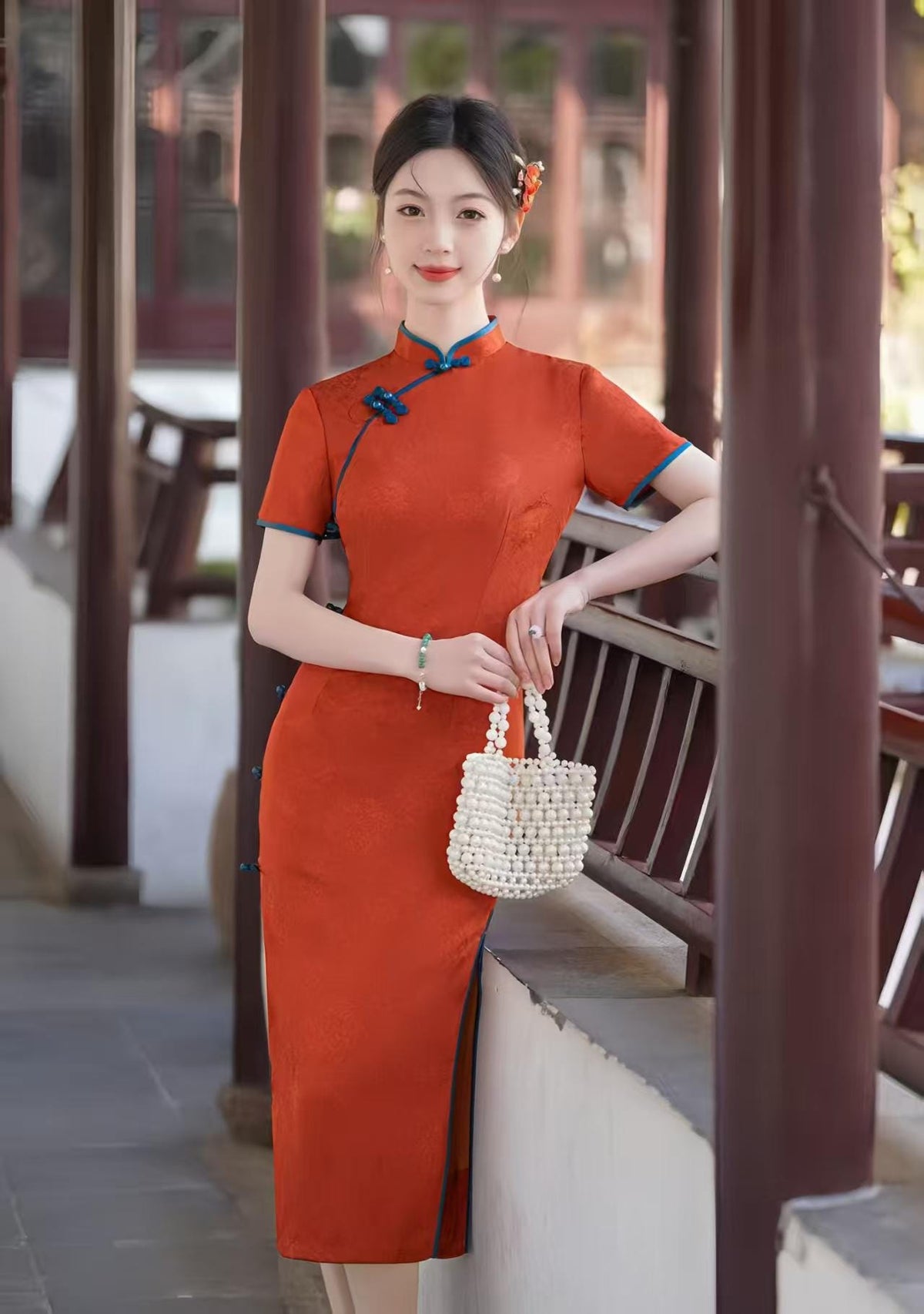 Women's Red Vintage Qipao Cheongsam Dress – Jacquard – additional product view