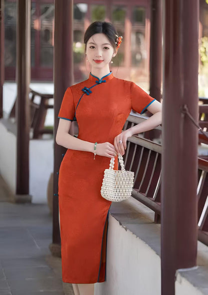 Women's Red Vintage Qipao Cheongsam Dress – Jacquard – additional product view