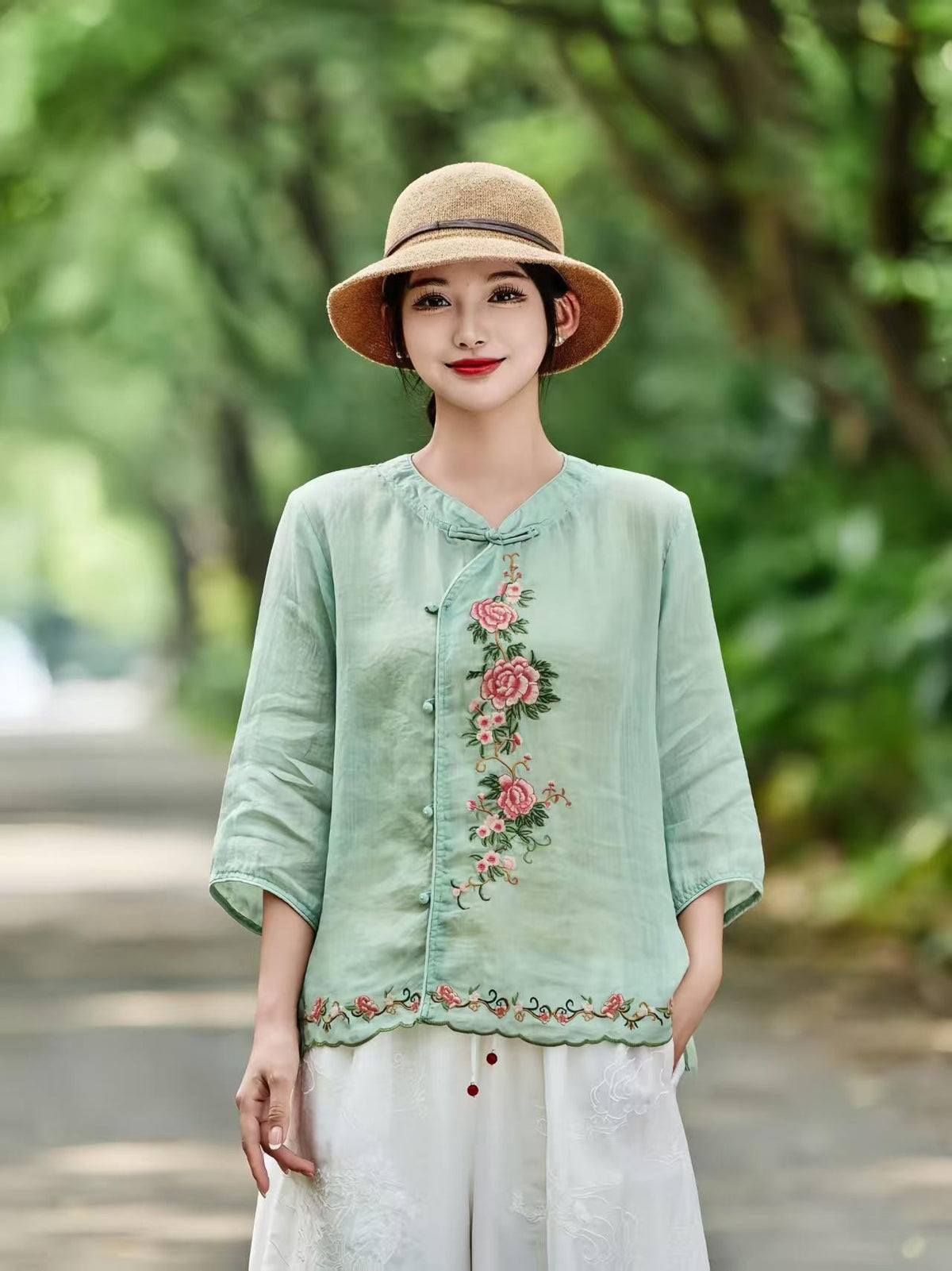 Women's Floral Chinese Style Blouse – Linen – additional product view