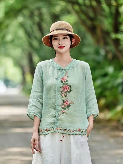 Women's Floral Chinese Style Blouse – Linen – additional product view