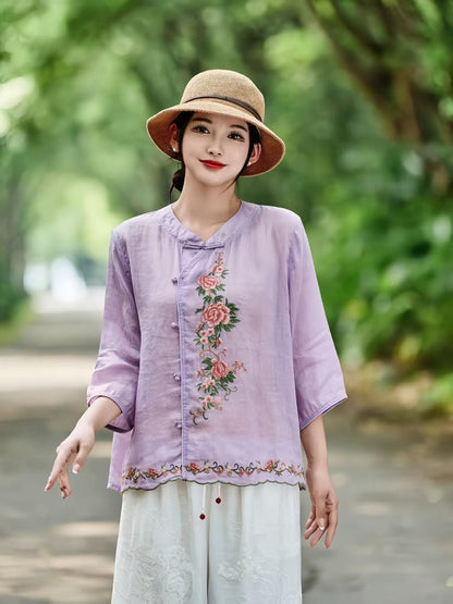 Women's Floral Chinese Style Blouse – Linen