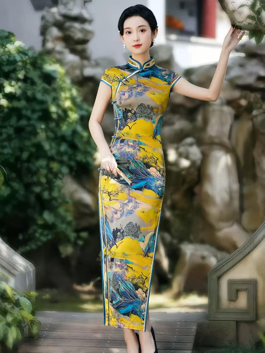 Women's Vintage Silk Qipao Cheongsam Dress – Landscape Print