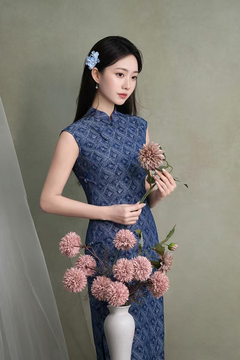 Women's Blue Vintage Qipao Cheongsam Dress – Geometric Fitted – additional product view