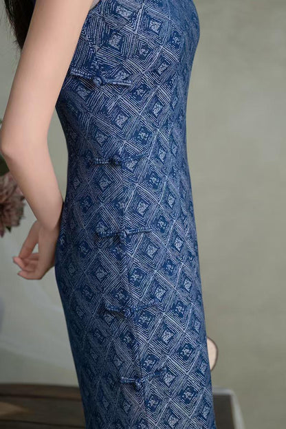 Women's Blue Vintage Qipao Cheongsam Dress – Geometric Fitted – additional product view