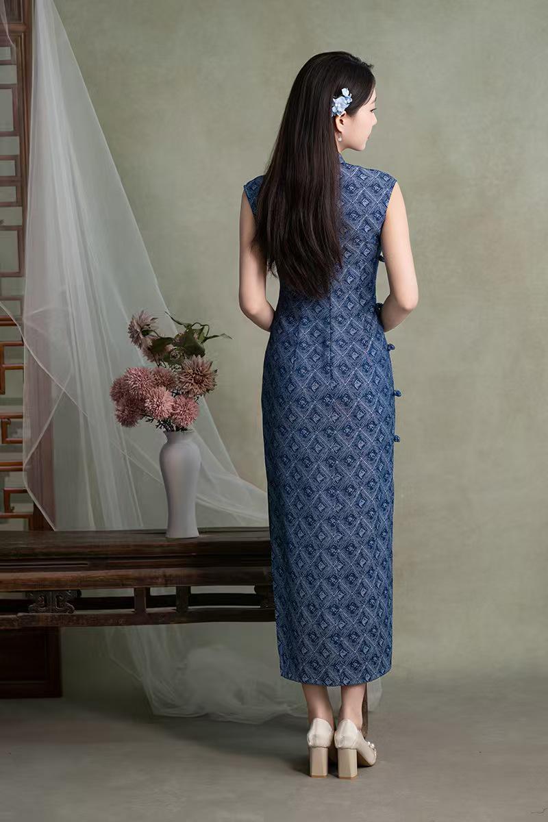 Women's Blue Vintage Qipao Cheongsam Dress – Geometric Fitted – additional product view
