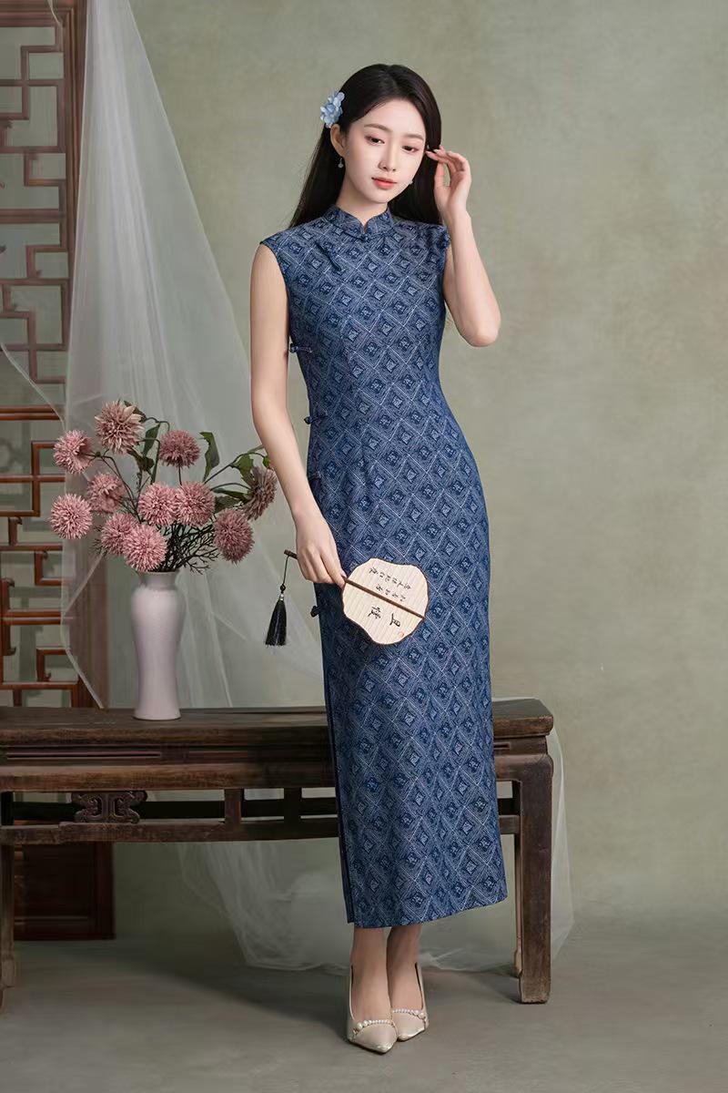 Women's Blue Vintage Qipao Cheongsam Dress – Geometric Fitted – additional product view