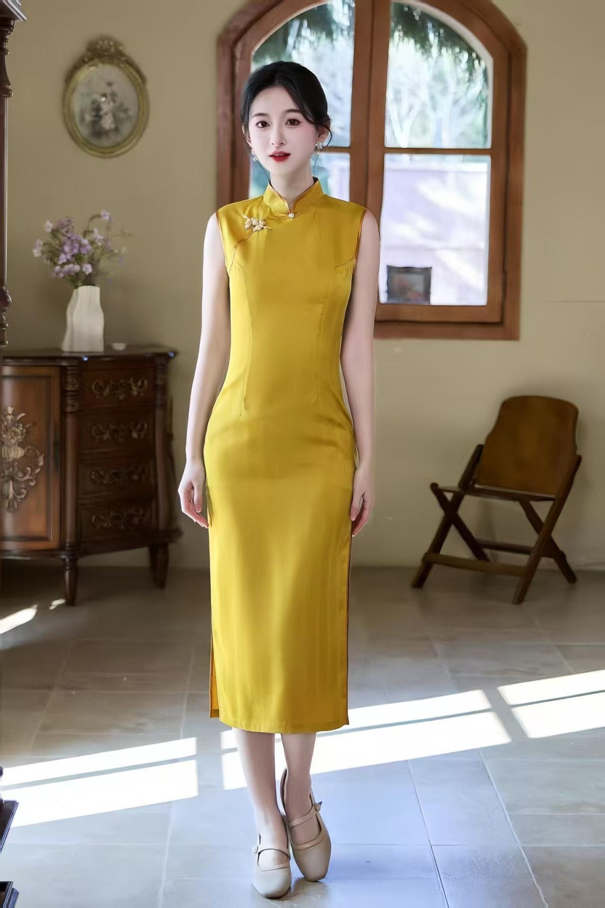 Women's Gold Vintage Qipao Cheongsam Dress – Jacquard Fitted – additional product view