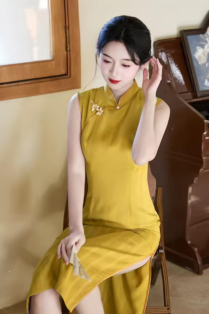 Women's Gold Vintage Qipao Cheongsam Dress – Jacquard Fitted – additional product view