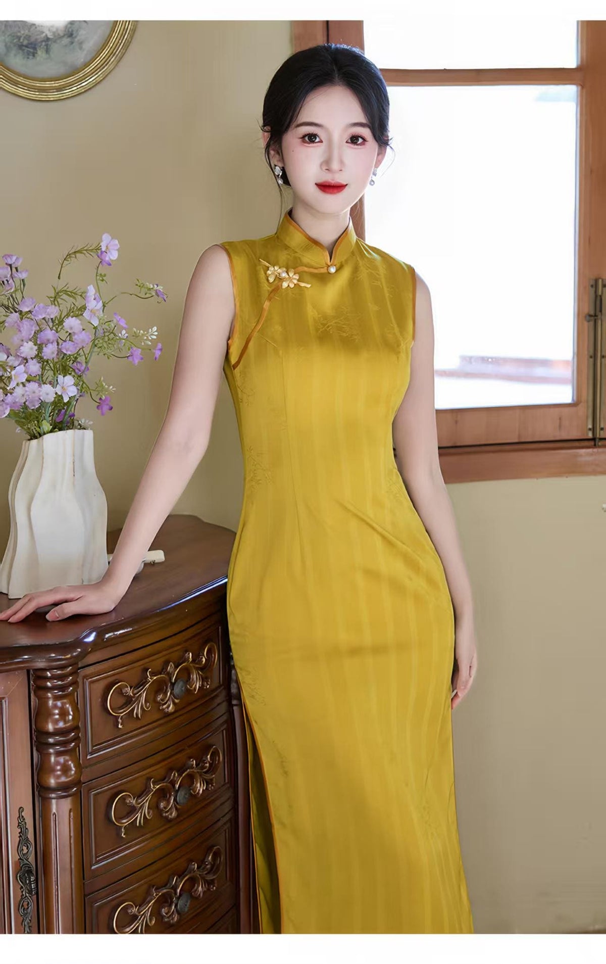 Women's Gold Vintage Qipao Cheongsam Dress – Jacquard Fitted – additional product view