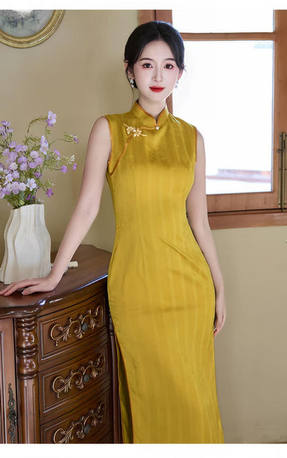 Women's Gold Vintage Qipao Cheongsam Dress – Jacquard Fitted – additional product view