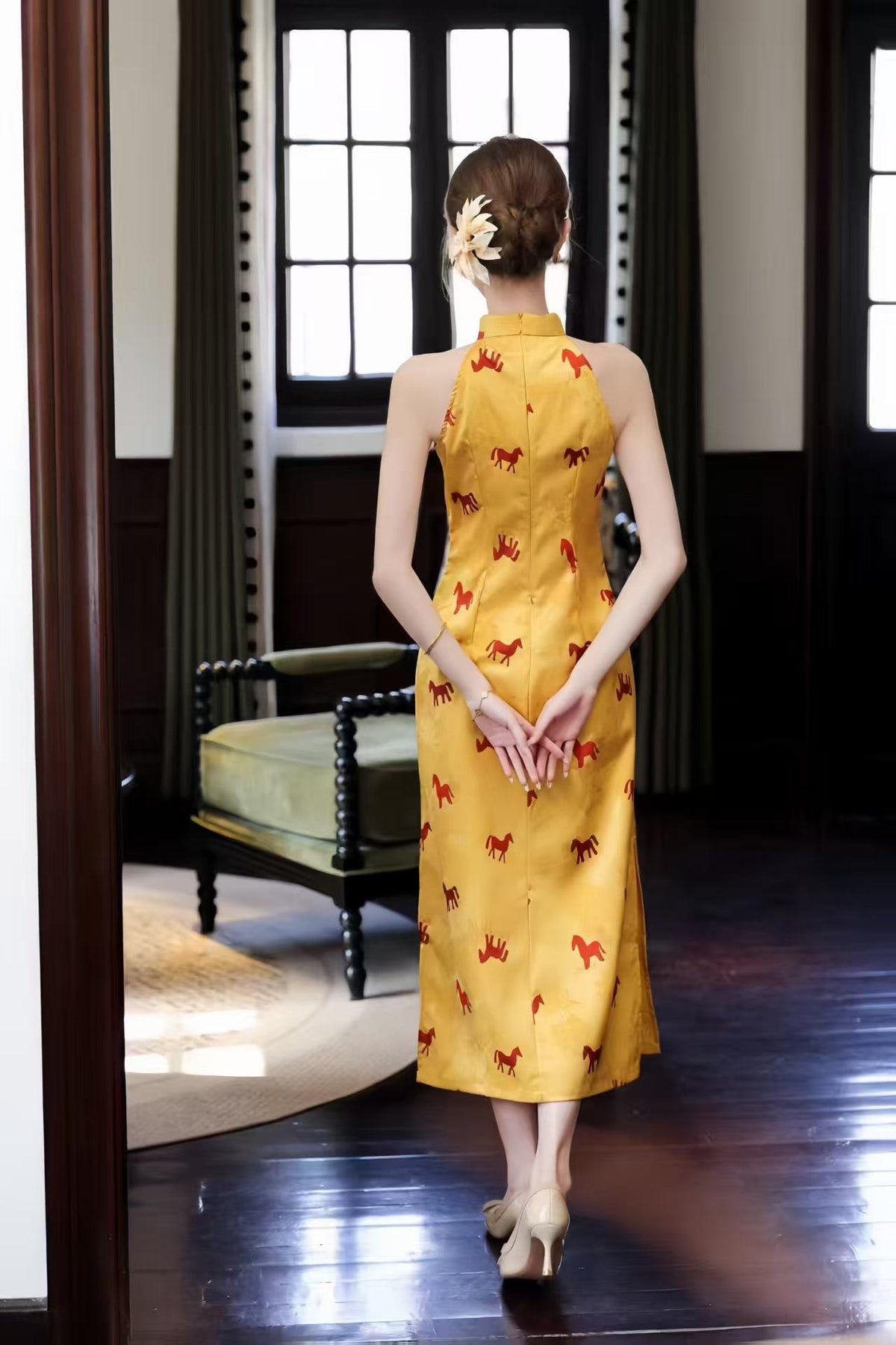 Women's Gold Vintage Qipao Cheongsam Dress – Jacquard Printed Fitted – additional product view