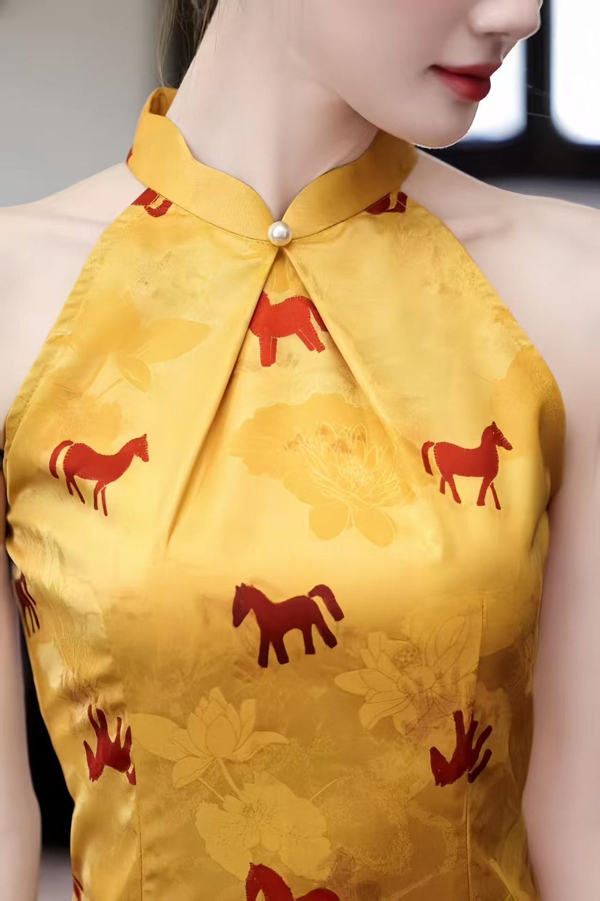 Women's Gold Vintage Qipao Cheongsam Dress – Jacquard Printed Fitted – additional product view