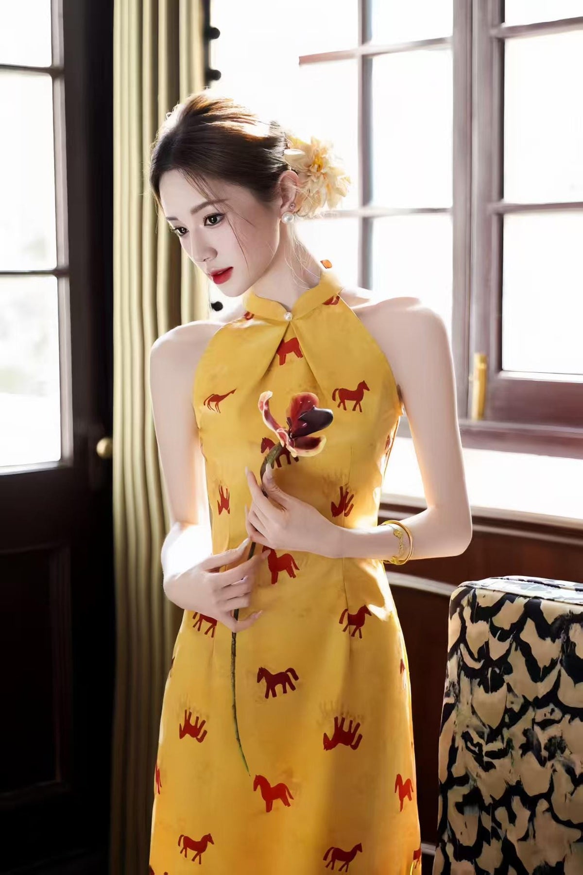 Women's Gold Vintage Qipao Cheongsam Dress – Jacquard Printed Fitted – additional product view