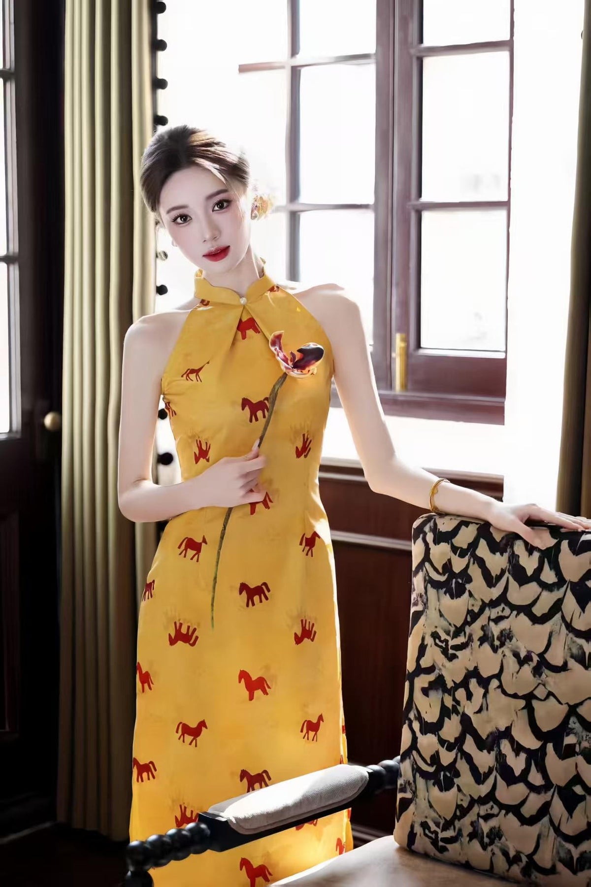 Women's Gold Vintage Qipao Cheongsam Dress – Jacquard Printed Fitted – additional product view