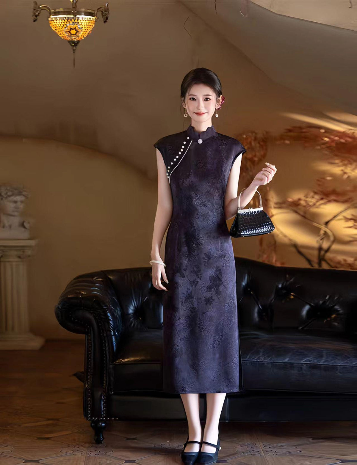 Women's Blue Vintage Qipao Cheongsam Dress – Midi – additional product view