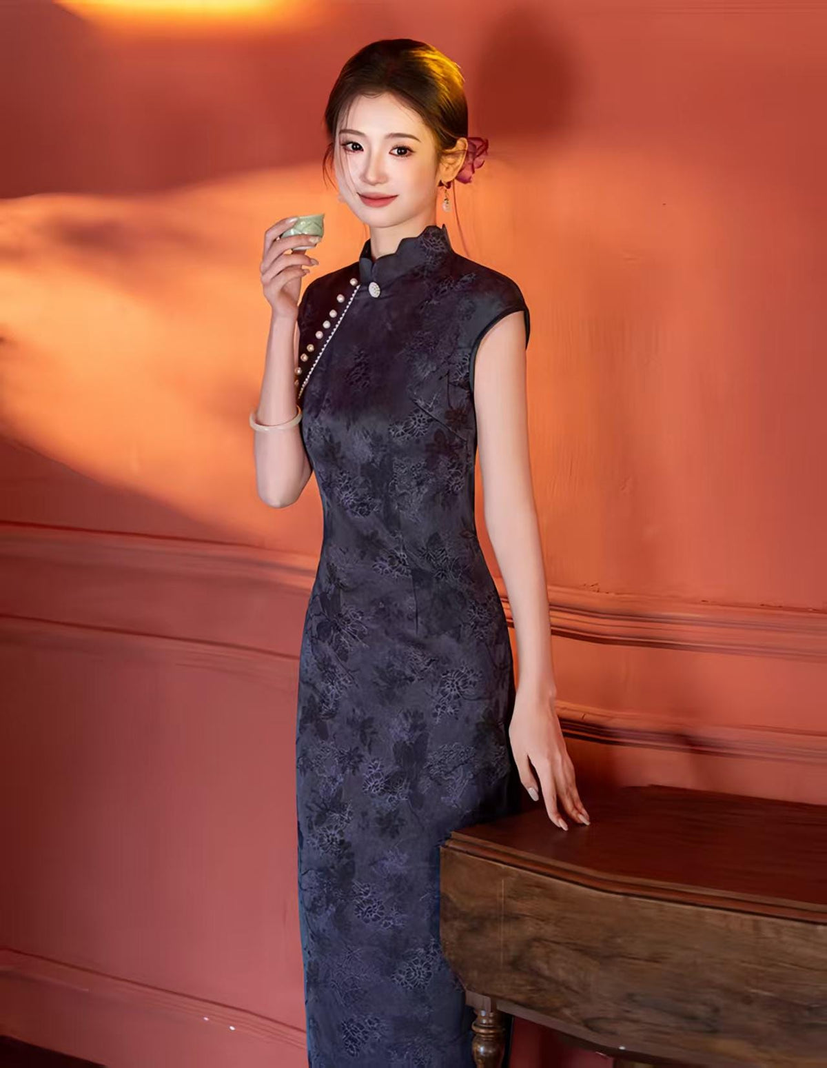 Women's Blue Vintage Qipao Cheongsam Dress – Midi – additional product view