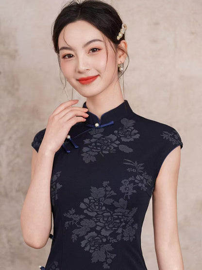 Women's Blue Jacquard Silk Qipao Cheongsam Dress – Fitted – additional product view