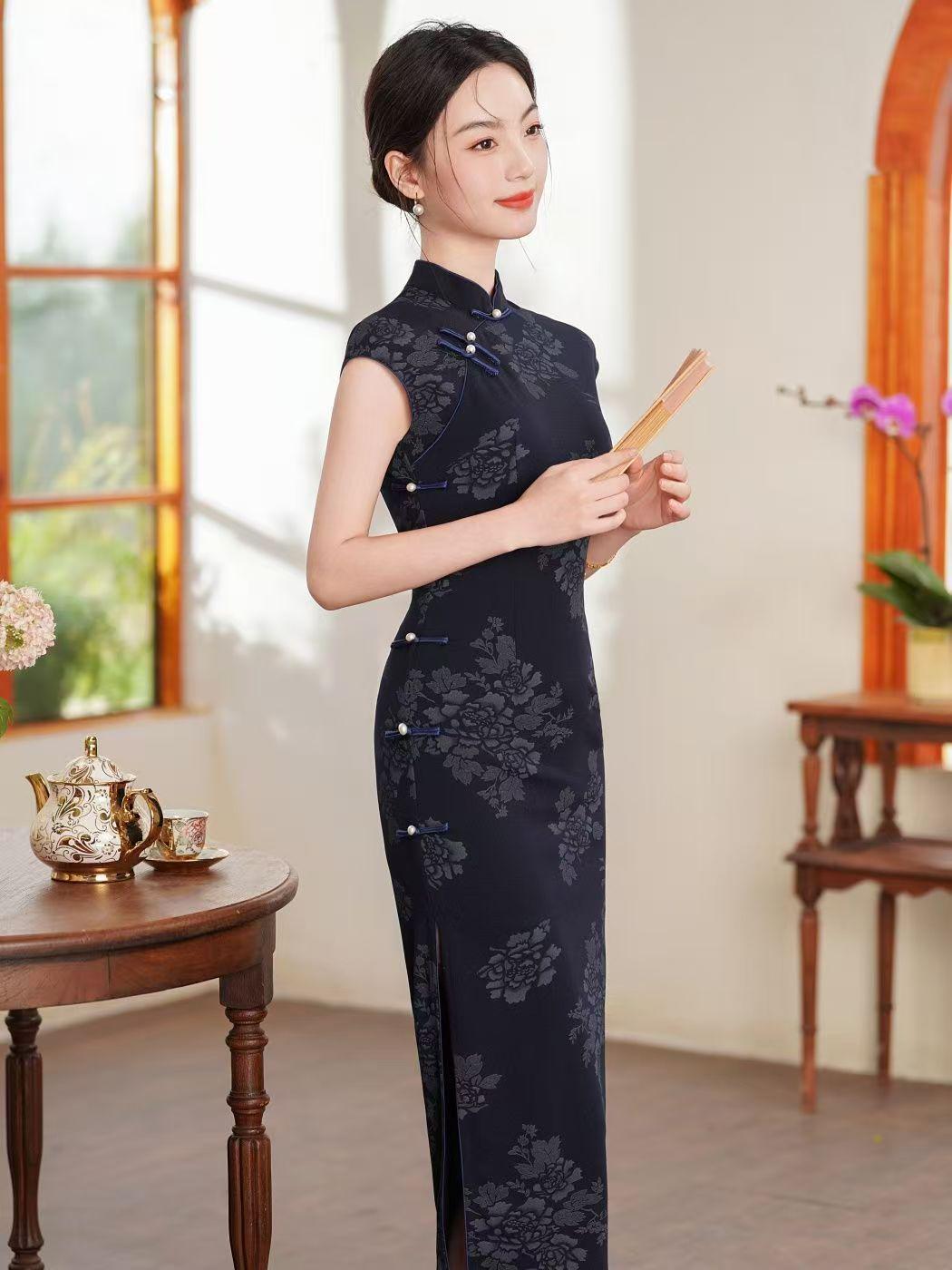 Women's Blue Jacquard Silk Qipao Cheongsam Dress – Fitted – additional product view