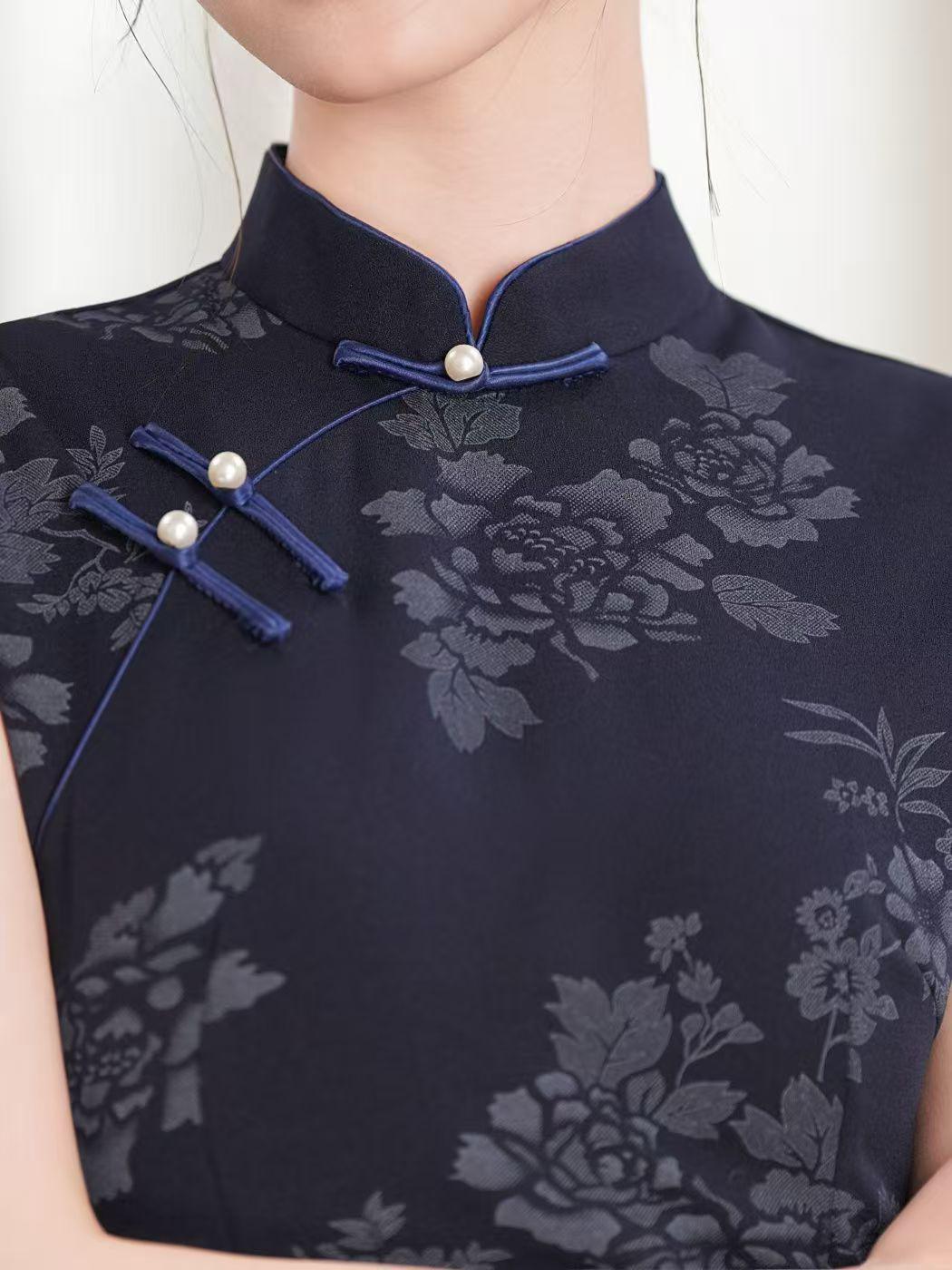 Women's Blue Jacquard Silk Qipao Cheongsam Dress – Fitted – additional product view