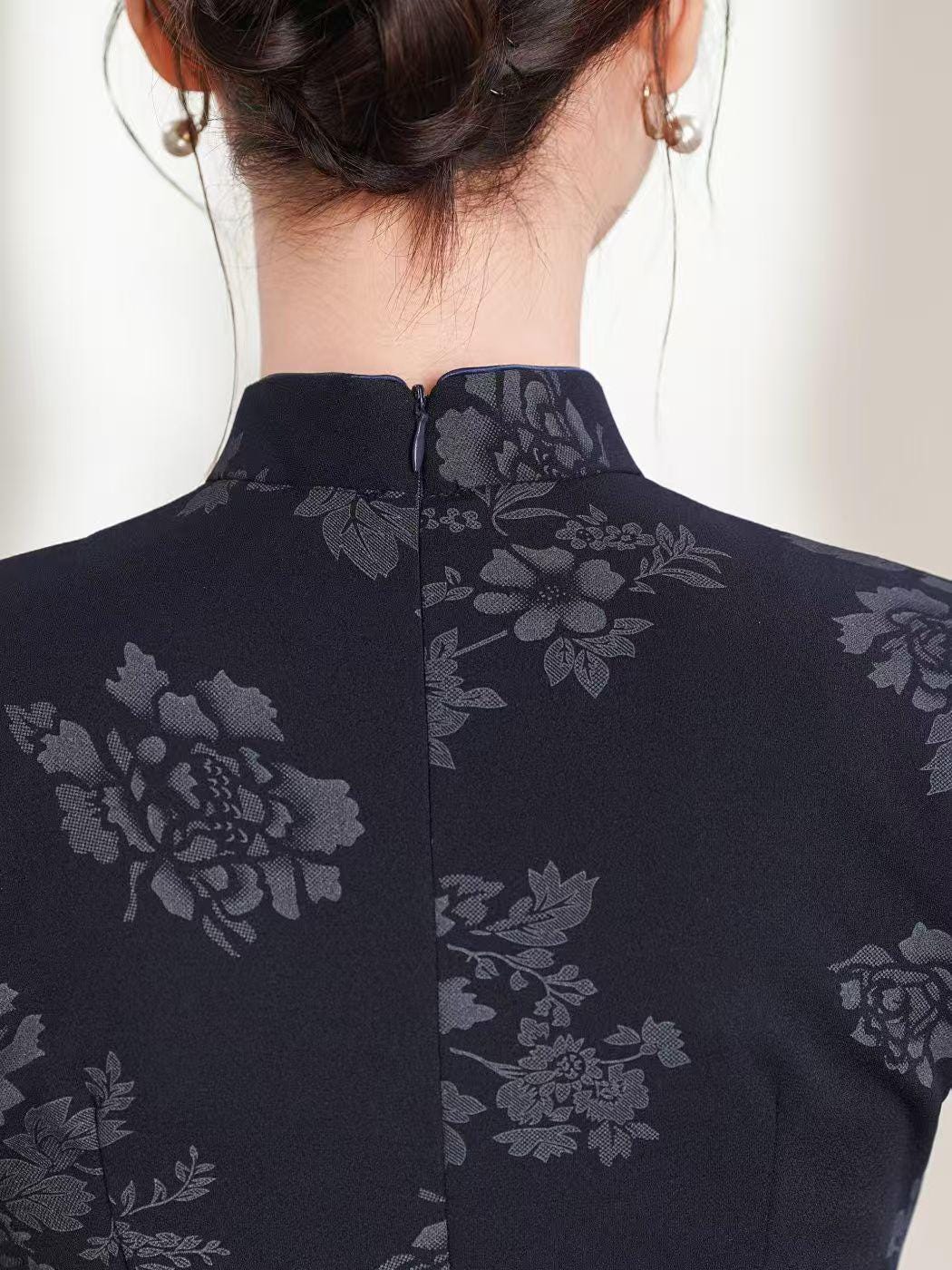 Women's Blue Jacquard Silk Qipao Cheongsam Dress – Fitted – additional product view