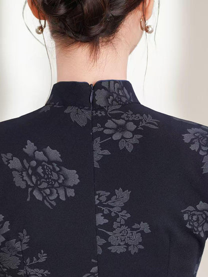 Women's Blue Jacquard Silk Qipao Cheongsam Dress – Fitted – additional product view