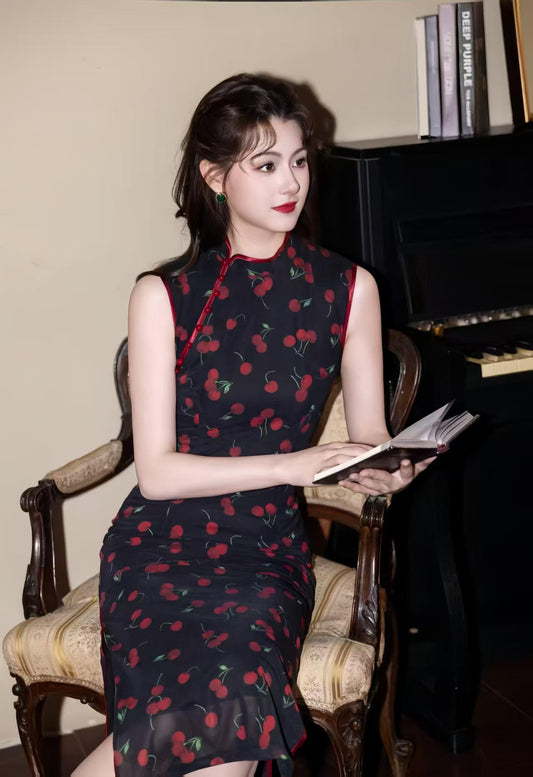 Women's Black Vintage Qipao Cheongsam Dress – Printed Fitted