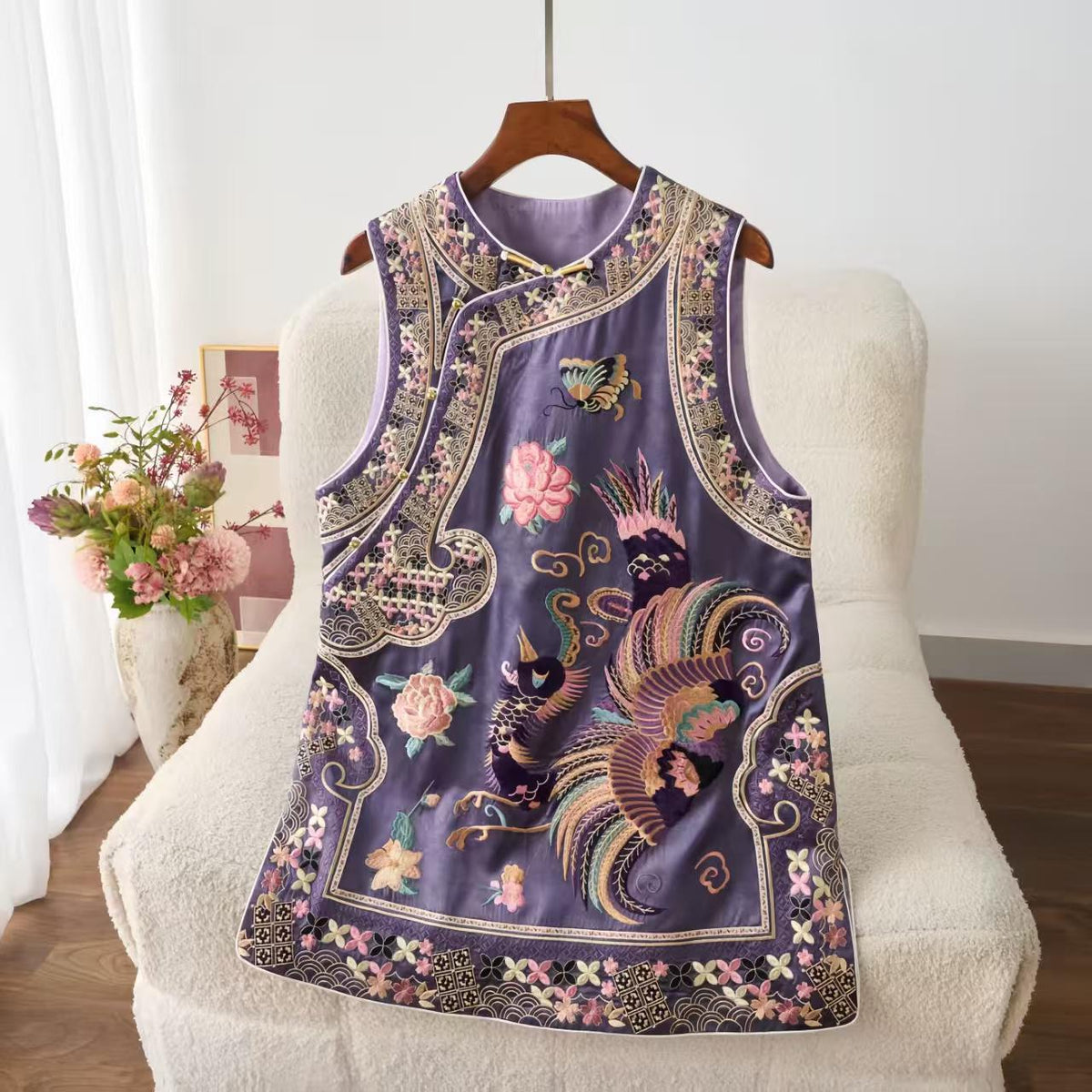 Women's Floral Embroidered Vintage Chinese Style Vest – Acetate Sleeveless – additional product view