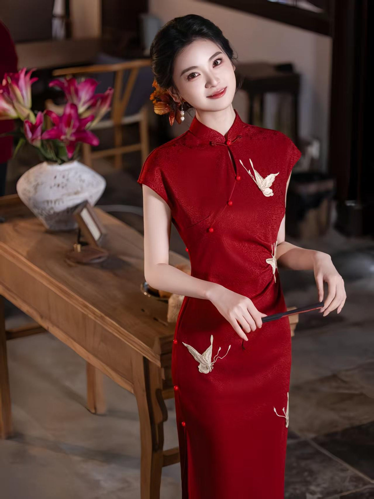 Women's Red Elegant Qipao Cheongsam Dress – Jacquard Fitted – additional product view
