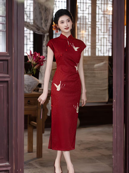 Women's Red Elegant Qipao Cheongsam Dress – Jacquard Fitted – additional product view