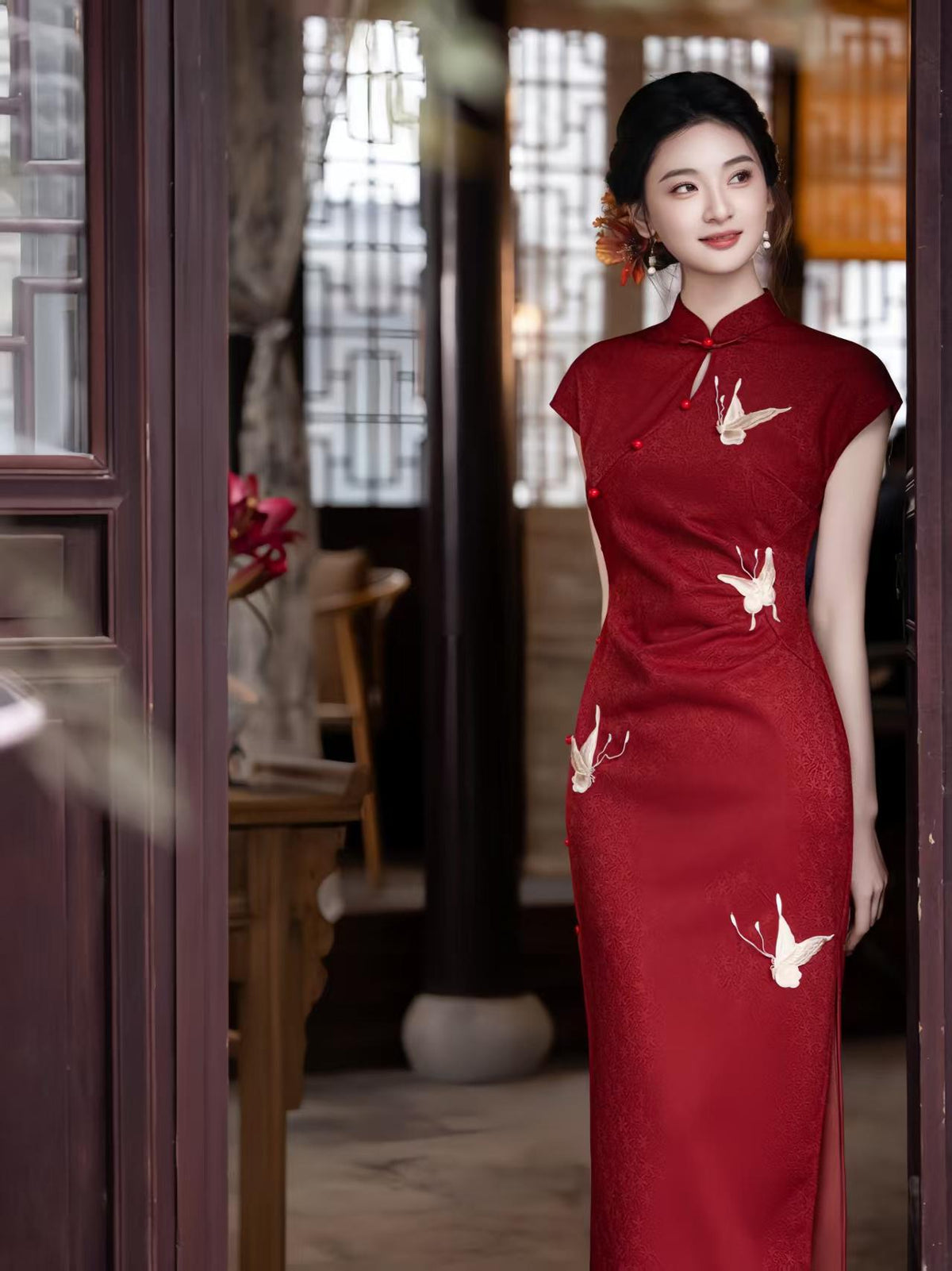 Women's Red Elegant Qipao Cheongsam Dress – Jacquard Fitted – additional product view