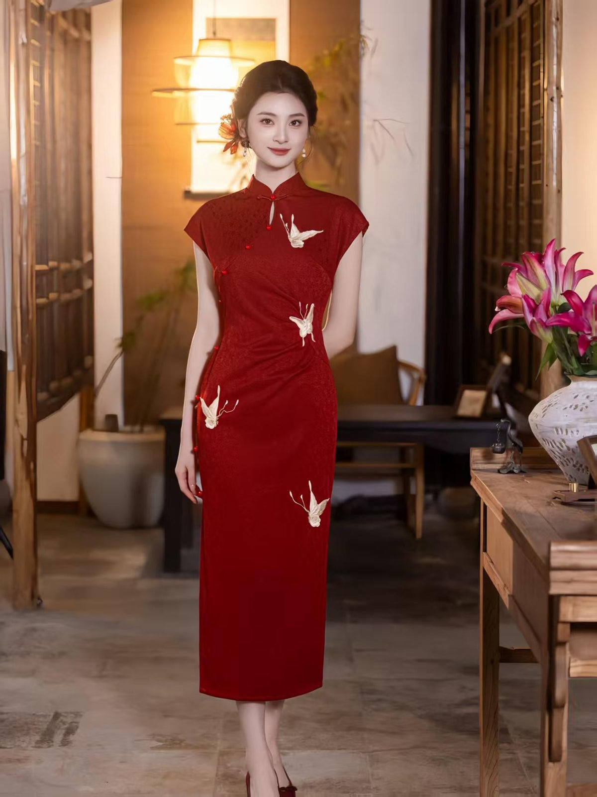 Women's Red Elegant Qipao Cheongsam Dress – Jacquard Fitted – additional product view