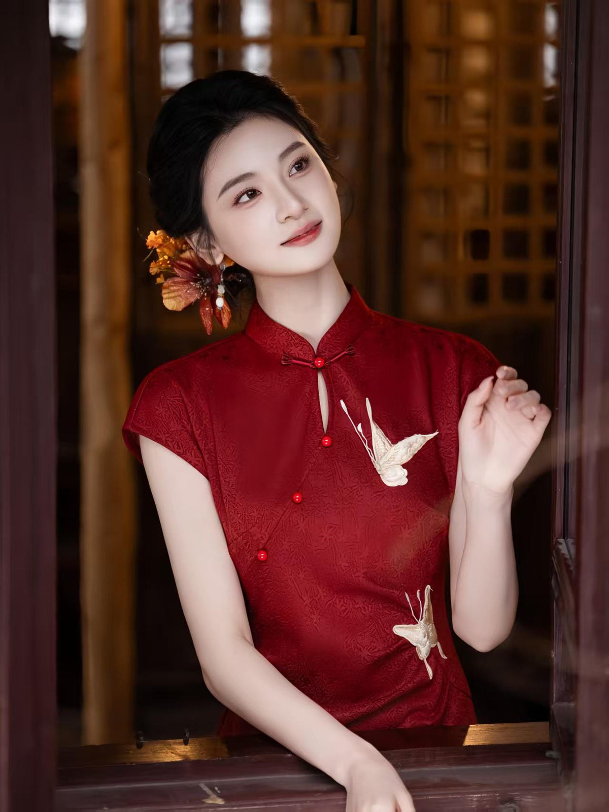 Women's Red Elegant Qipao Cheongsam Dress – Jacquard Fitted – additional product view
