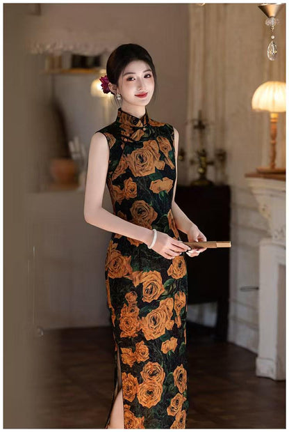 Women's Black Vintage Velvet Qipao Cheongsam Dress – additional product view