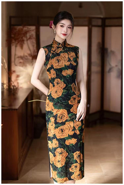 Women's Black Vintage Velvet Qipao Cheongsam Dress – additional product view