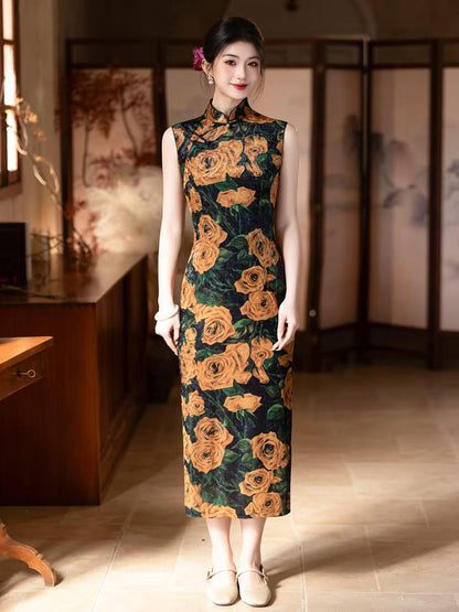 Women's Black Vintage Velvet Qipao Cheongsam Dress – additional product view