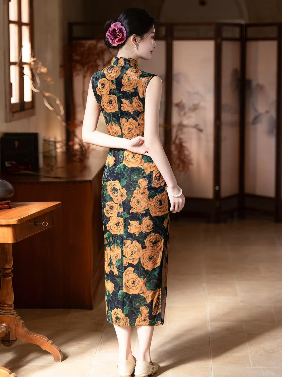 Women's Black Vintage Velvet Qipao Cheongsam Dress – additional product view