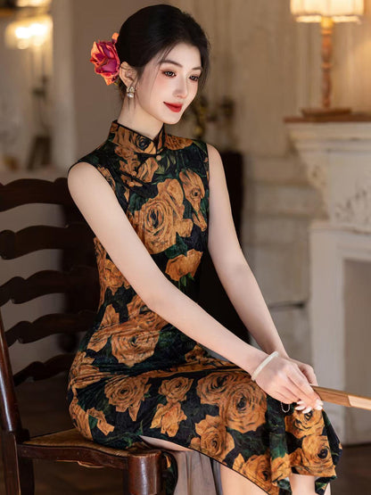 Women's Black Vintage Velvet Qipao Cheongsam Dress – additional product view