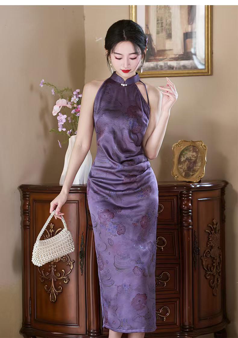 Women's Purple Vintage Satin Qipao Cheongsam Dress – additional product view