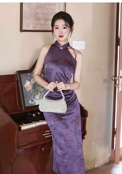 Women's Purple Vintage Satin Qipao Cheongsam Dress – additional product view