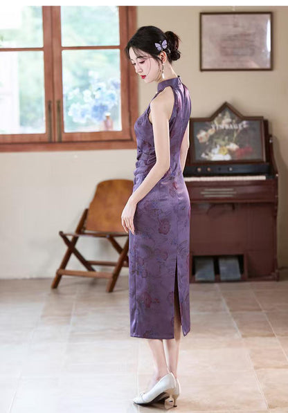 Women's Purple Vintage Satin Qipao Cheongsam Dress – additional product view