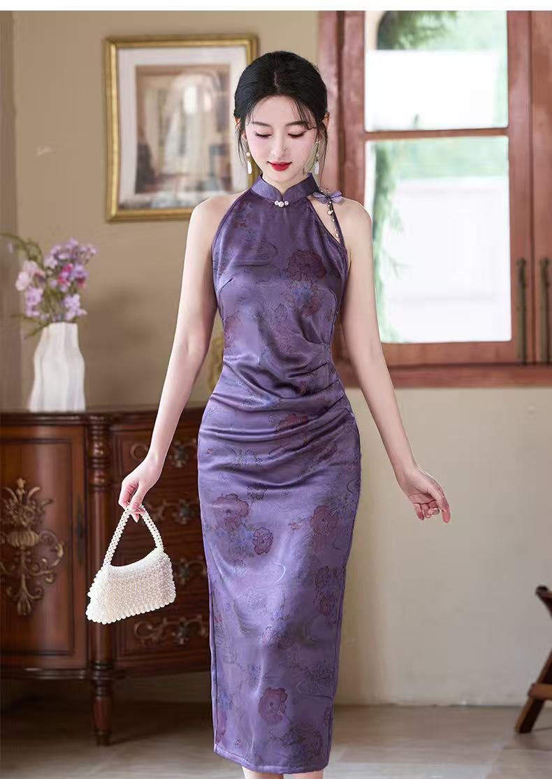 Women's Purple Vintage Satin Qipao Cheongsam Dress – additional product view