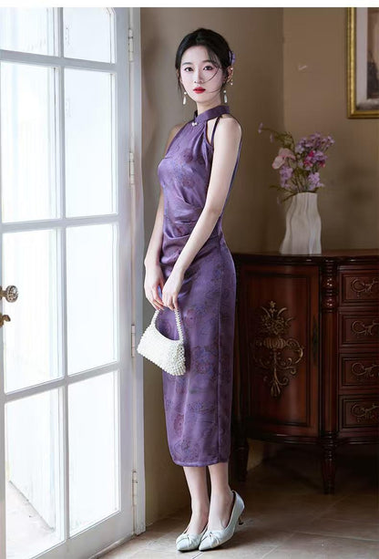 Women's Purple Vintage Satin Qipao Cheongsam Dress – additional product view