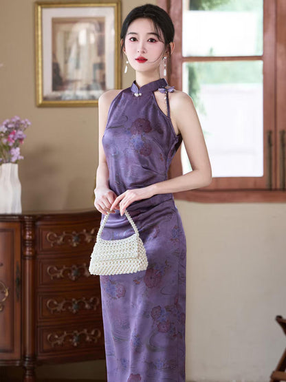Women's Purple Vintage Satin Qipao Cheongsam Dress – additional product view