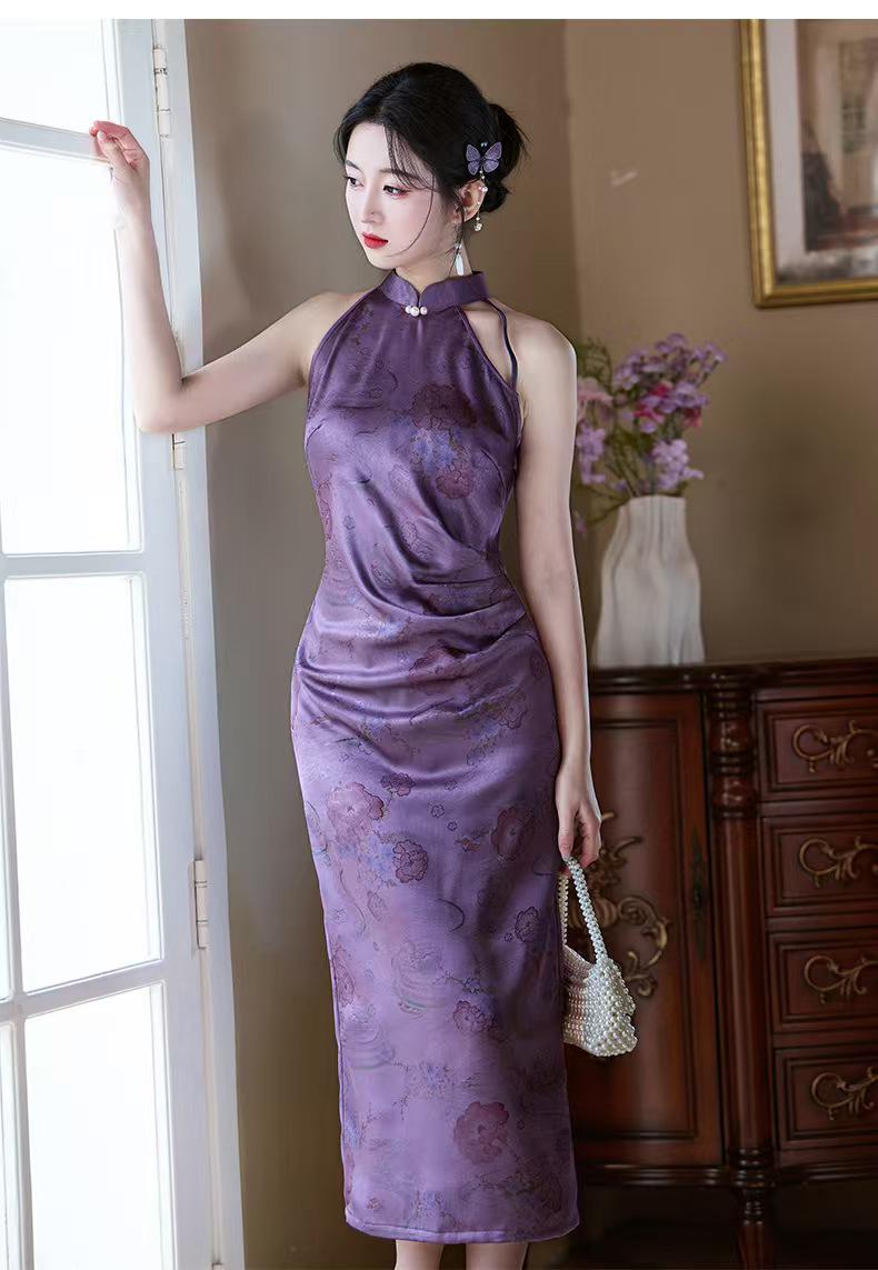 Women's Purple Vintage Satin Qipao Cheongsam Dress