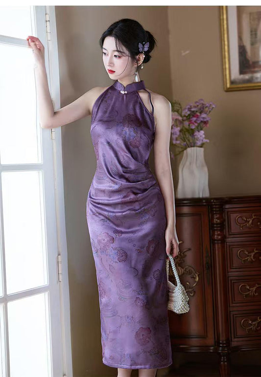 Women's Purple Vintage Satin Qipao Cheongsam Dress